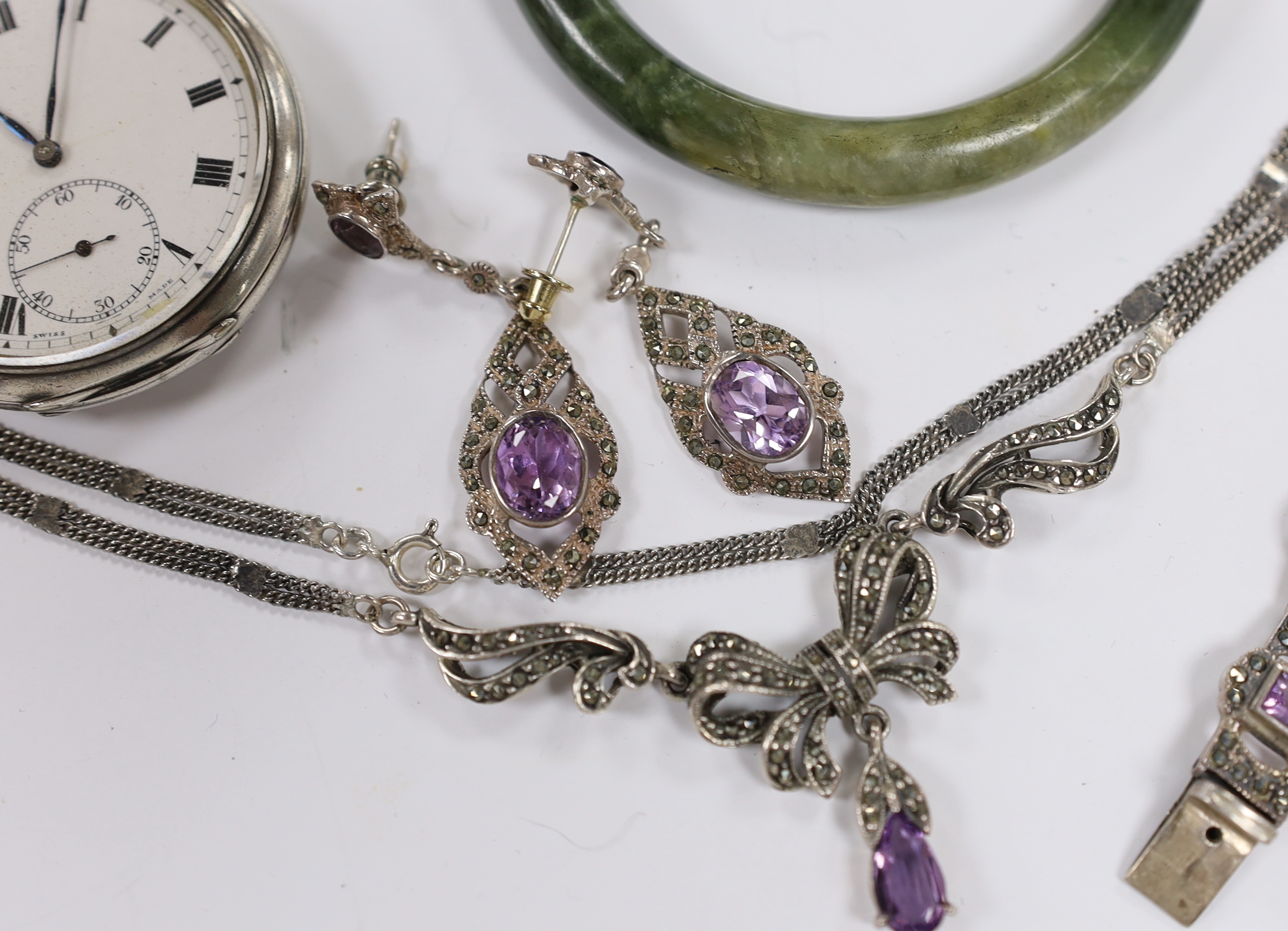 A Georg V silver Zenith open face keyless pocket watch, with Roman dial and subsidiary seconds, a 925, amethyst and marcasite set suite of jewellery and a white metal mounted jade bangle(a.f.).